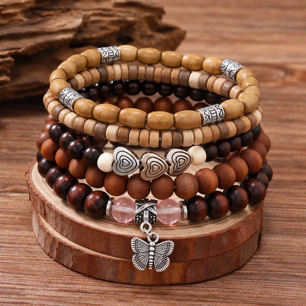 Boho Wood Bead Stackable Stretch Charm Bracelet Set